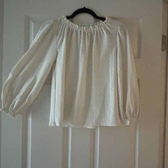 Ann Taylor Eyelet Ivory Smocked Neck Puffed Sleeve Blouse Size XS balloon sleeve - Picture 2 of 12